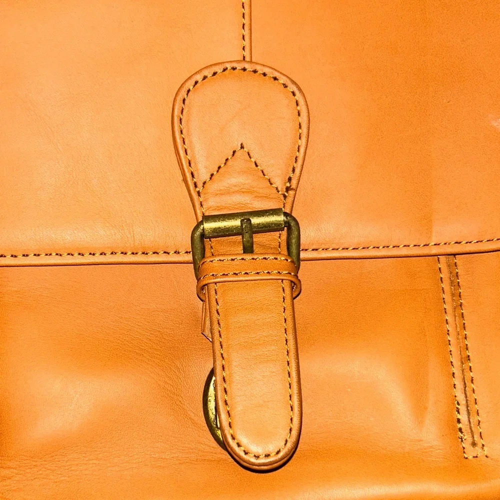 Tan Leather Briefcase Messenger Bag with Horse Embroidery